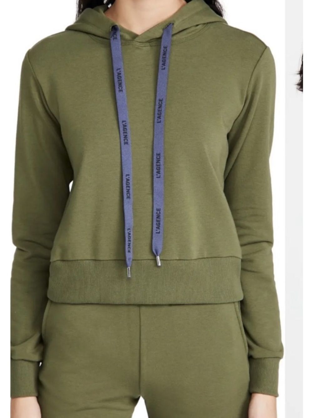 L'AGENCE Olive Green Hoodie with Navy logo Drawstring XS